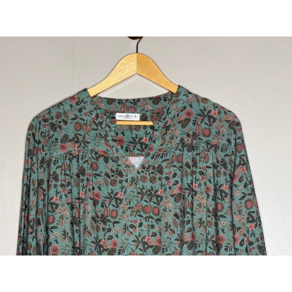 Natural Life Boho Floral Border Print Tunic Top Rayon Long Sleeve Medium - Picture 2 of 8